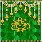 KaratKing Backdrop Cloth for Fuctions Aritaku Banana Leaf with Orange Yellow Flower Decoration Cloth for All Functions and Photography (8X5) (White Ganesh)