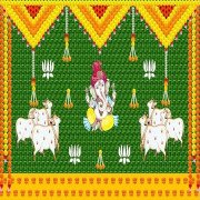 Ganesh with Gomatha Design on Coconut Leaf Backdrop - M 29 - Backdrops for Decoration (Horizontal) (8x5 ft)
