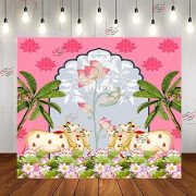 S2S Traditional Backdrop Decoration Cloth | Pink Lotus 4 Cows Backdrop | Gomatha | for Pooja Decoration - 5 Feet Height & 5 Feet Width