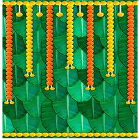 KaratKing Backdrop Cloth for Fuctions Aritaku Banana Leaf with Orange Yellow Flower Decoration Cloth for All Functions and Photography (8X5) (Aaku Nuluvu dandalu)
