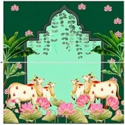 zeonely mart Background Decorations clothss| laxmi Backdrop for Pooja | pichwai Backdrop Cloth for Decoration Dark Green Backdrop Four Cow& Pink Lotus Flowers 8_8 feet